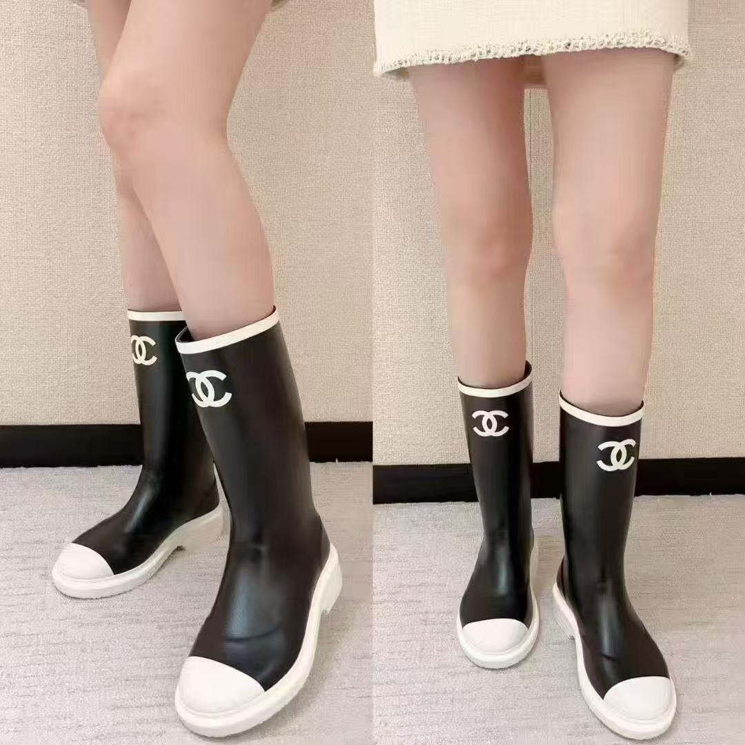 Chanel Cruise黑白拼色增高長筒雨靴 精品 高仿