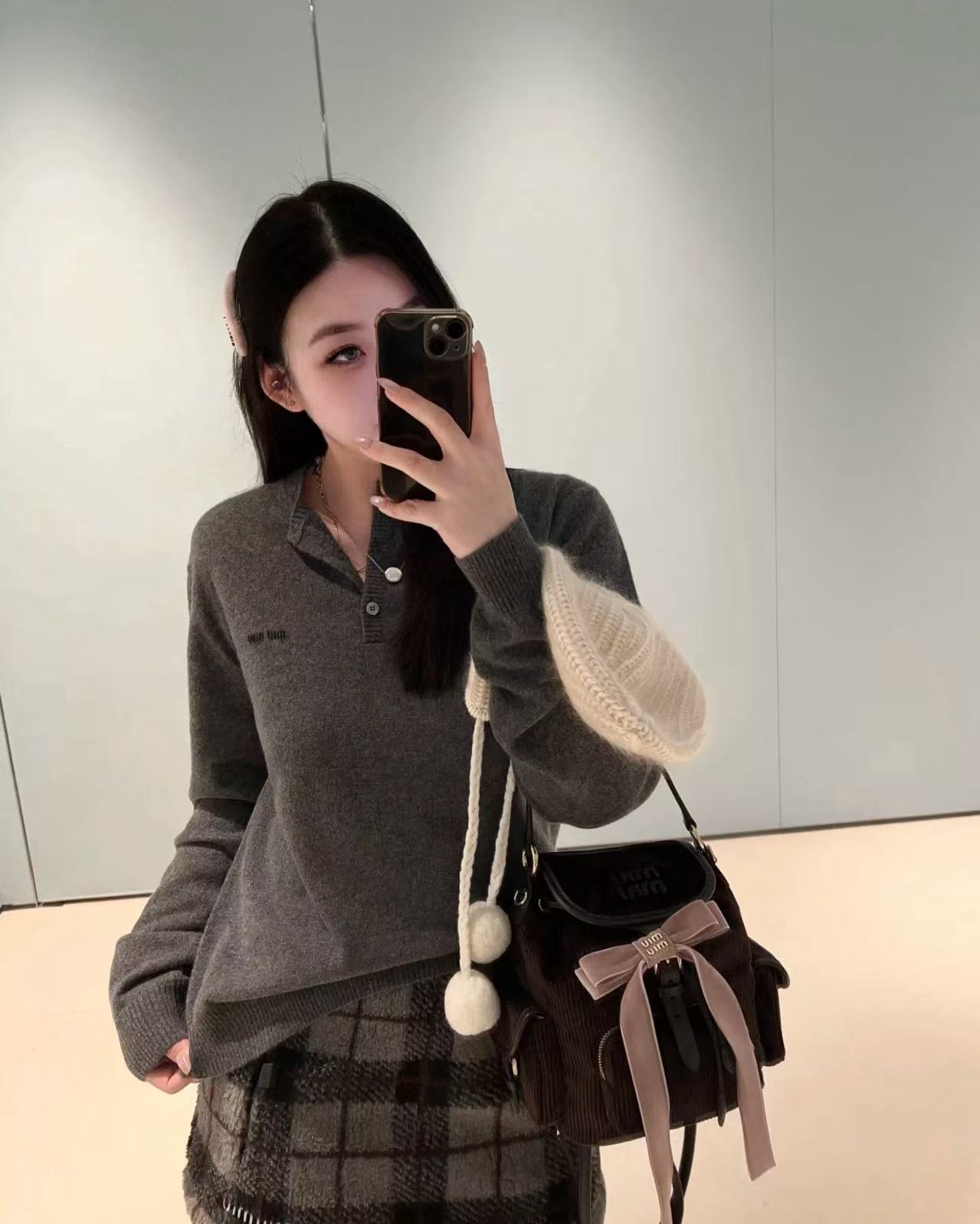 MIU MIU 搖粒絨格紋半裙 精品 高仿