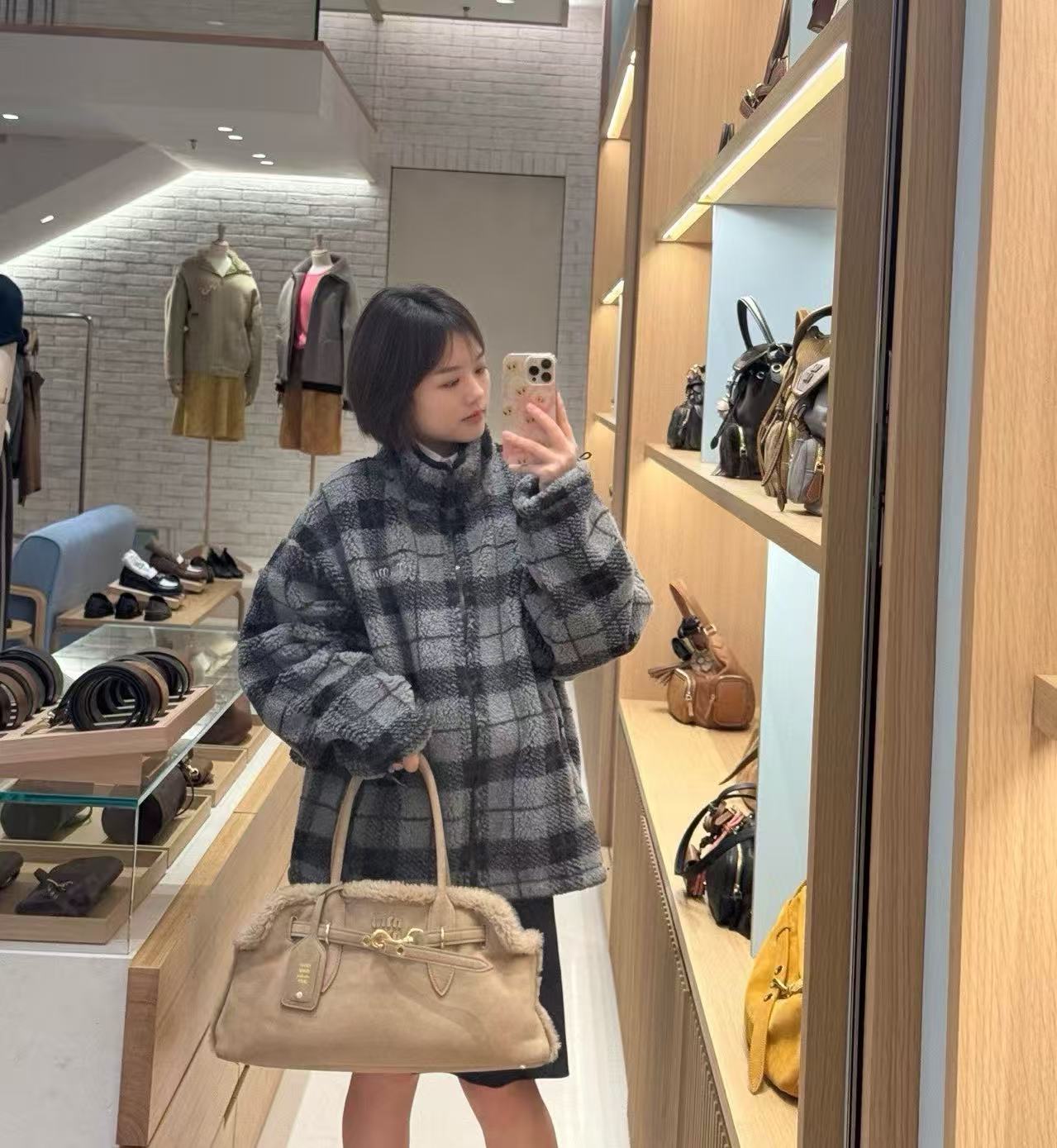 MIU MIU 搖粒絨格紋精品外套