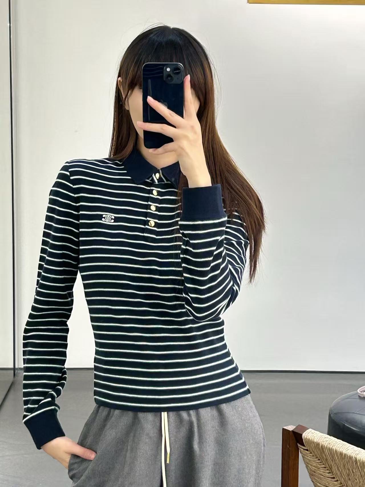 Celine 翻領條紋長袖 精品 高仿