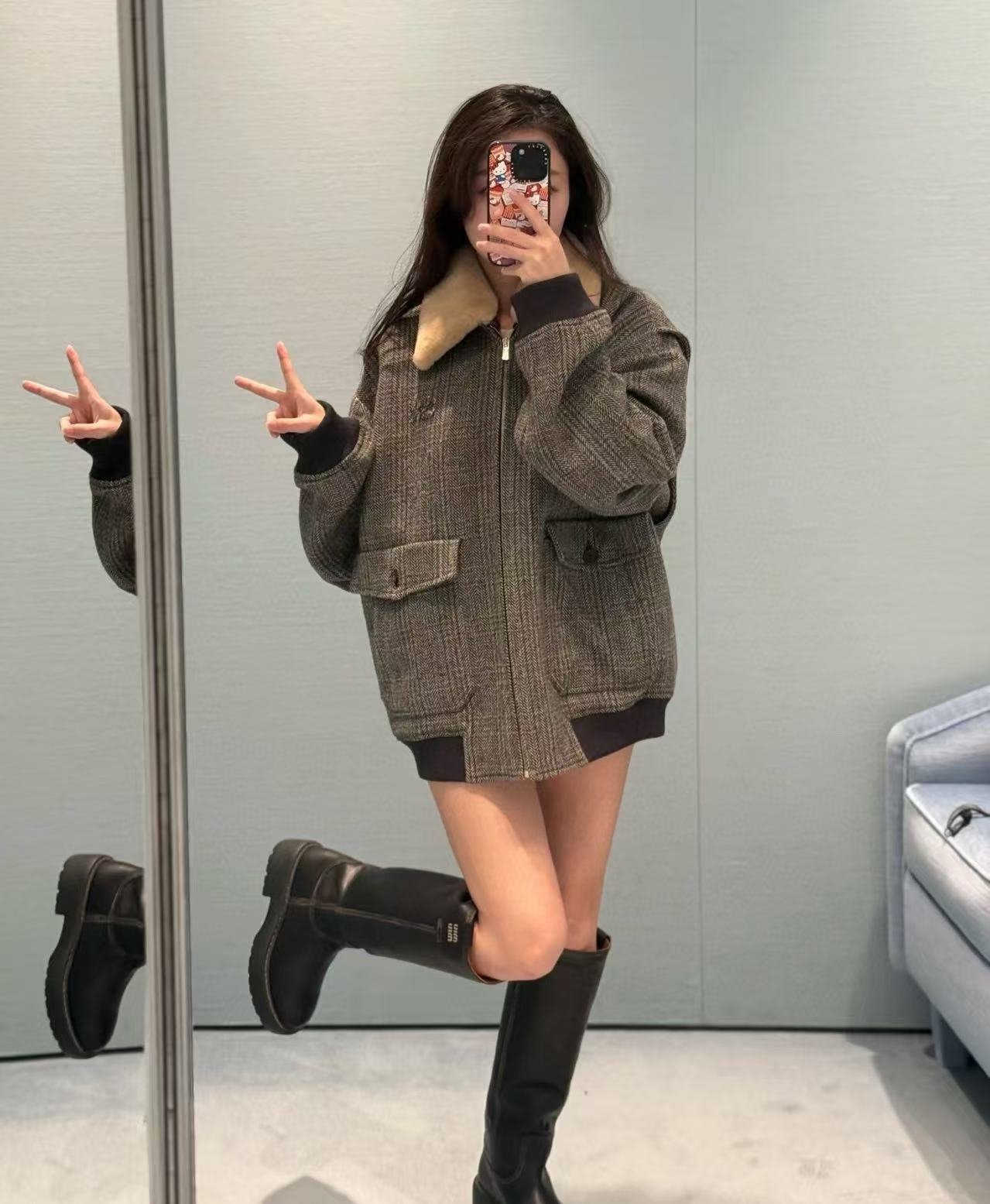 MIU MIU  羊毛領人字紋夾克外套 高仿 奢侈品