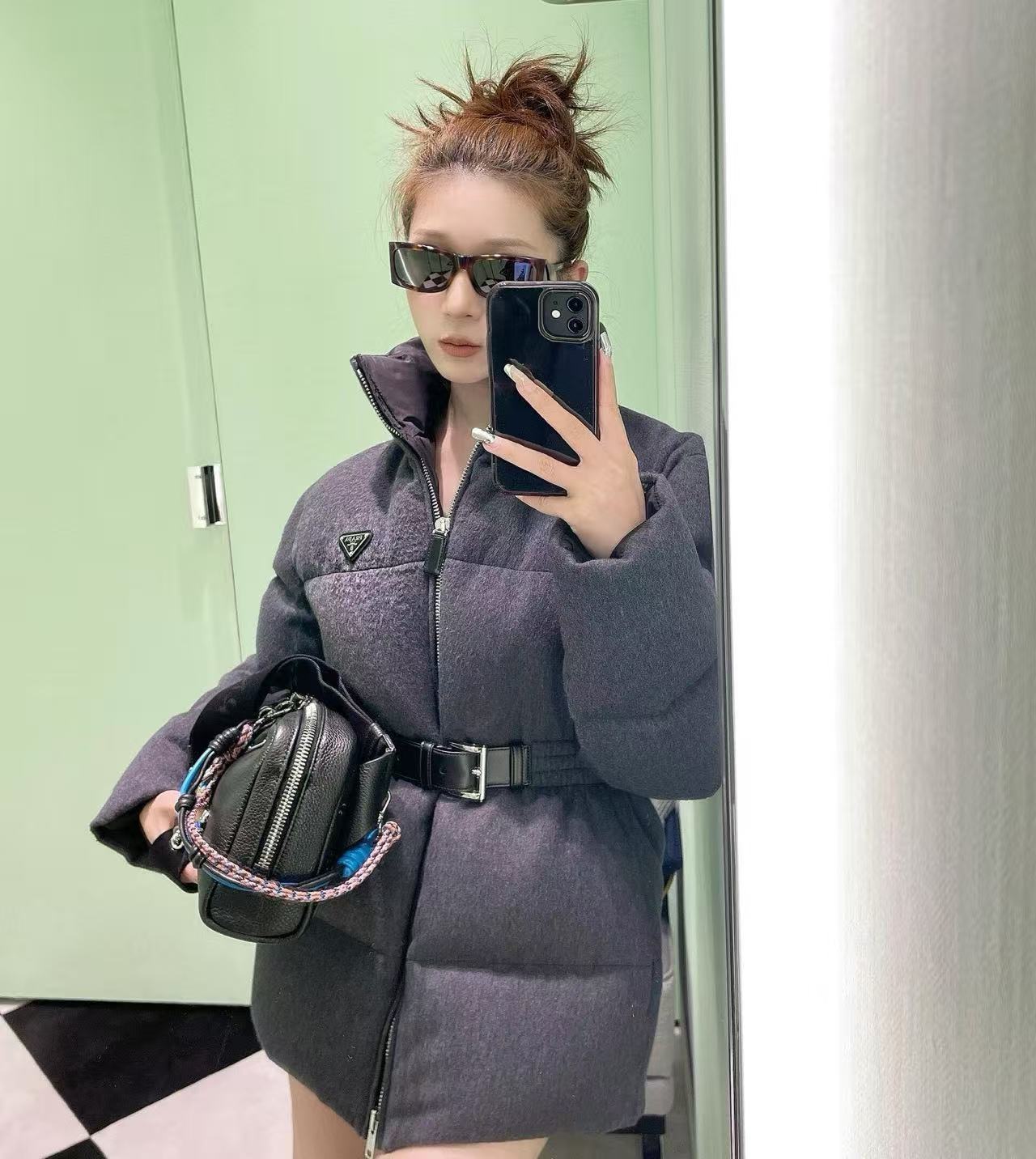 Prada 立領束腰毛呢羽絨外套 精品 時尚