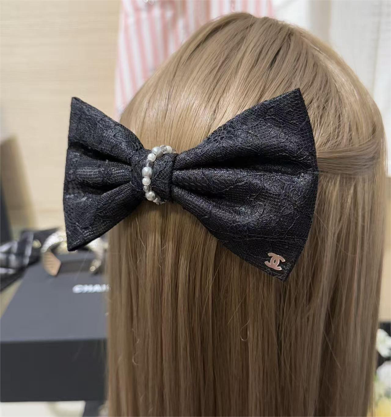Chanel  黑蕾絲蝴蝶結發夾 精品 高仿
