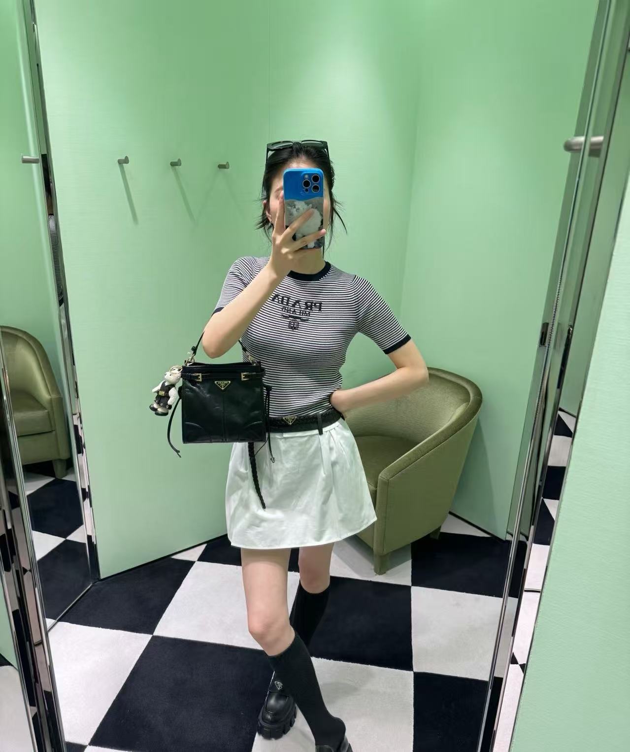 Prada  撞色腰部白色 A 字短裙 時尚 精品