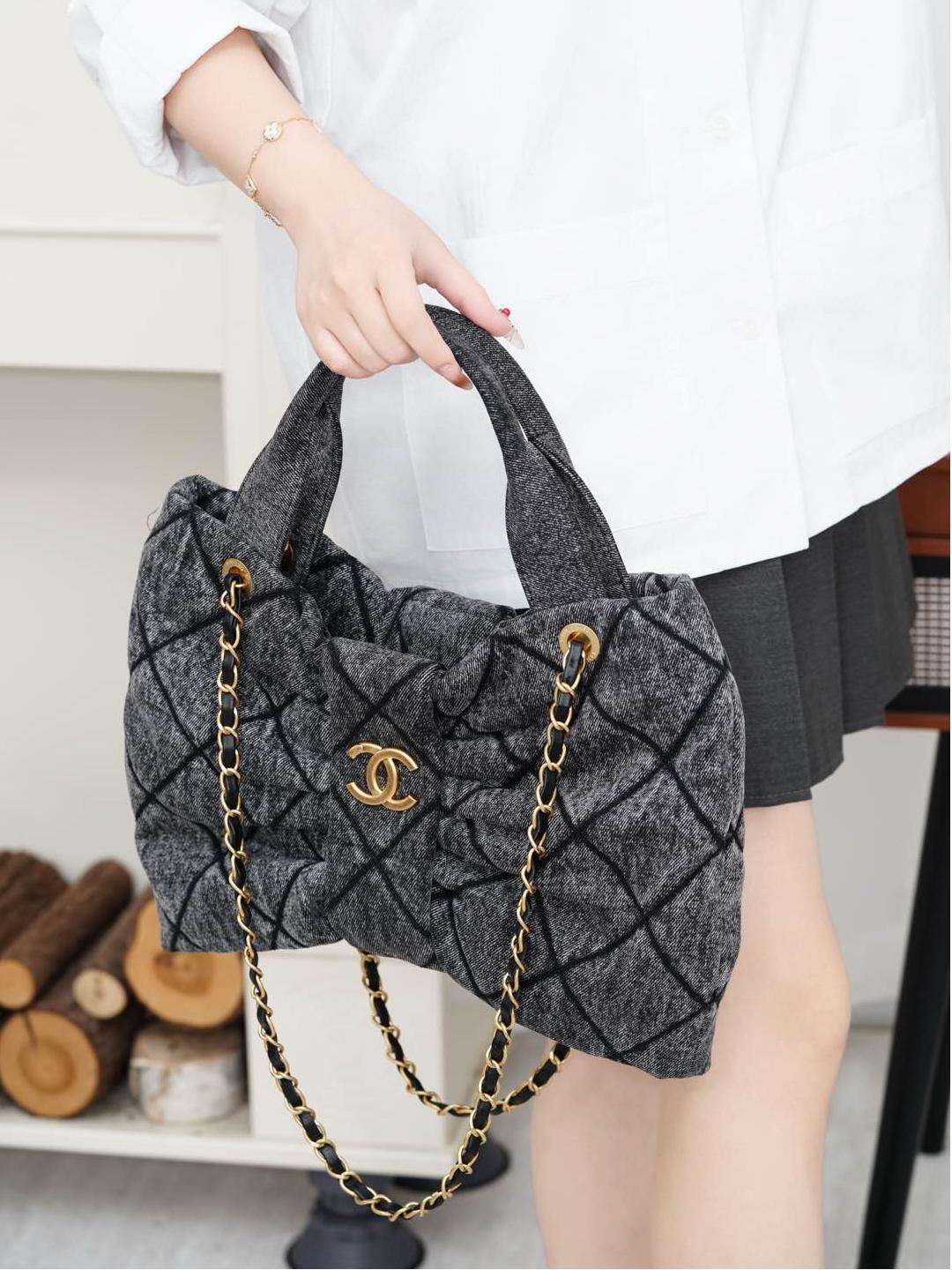 Chanel   25k蝴蝶結黑牛仔手袋（中號）奢侈品 精品