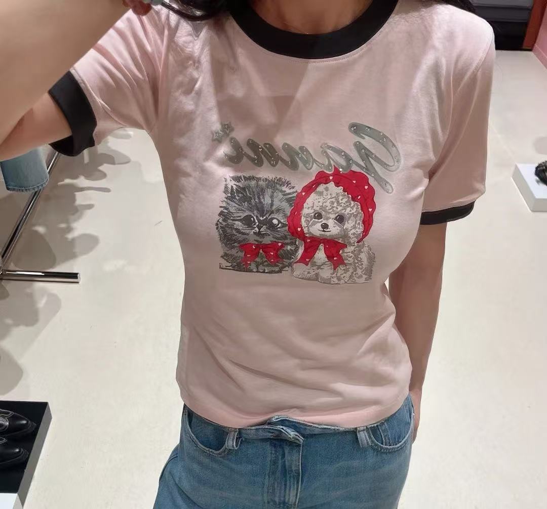 Ganni家 小狗貓咪撞色修身短袖 時尚 精品