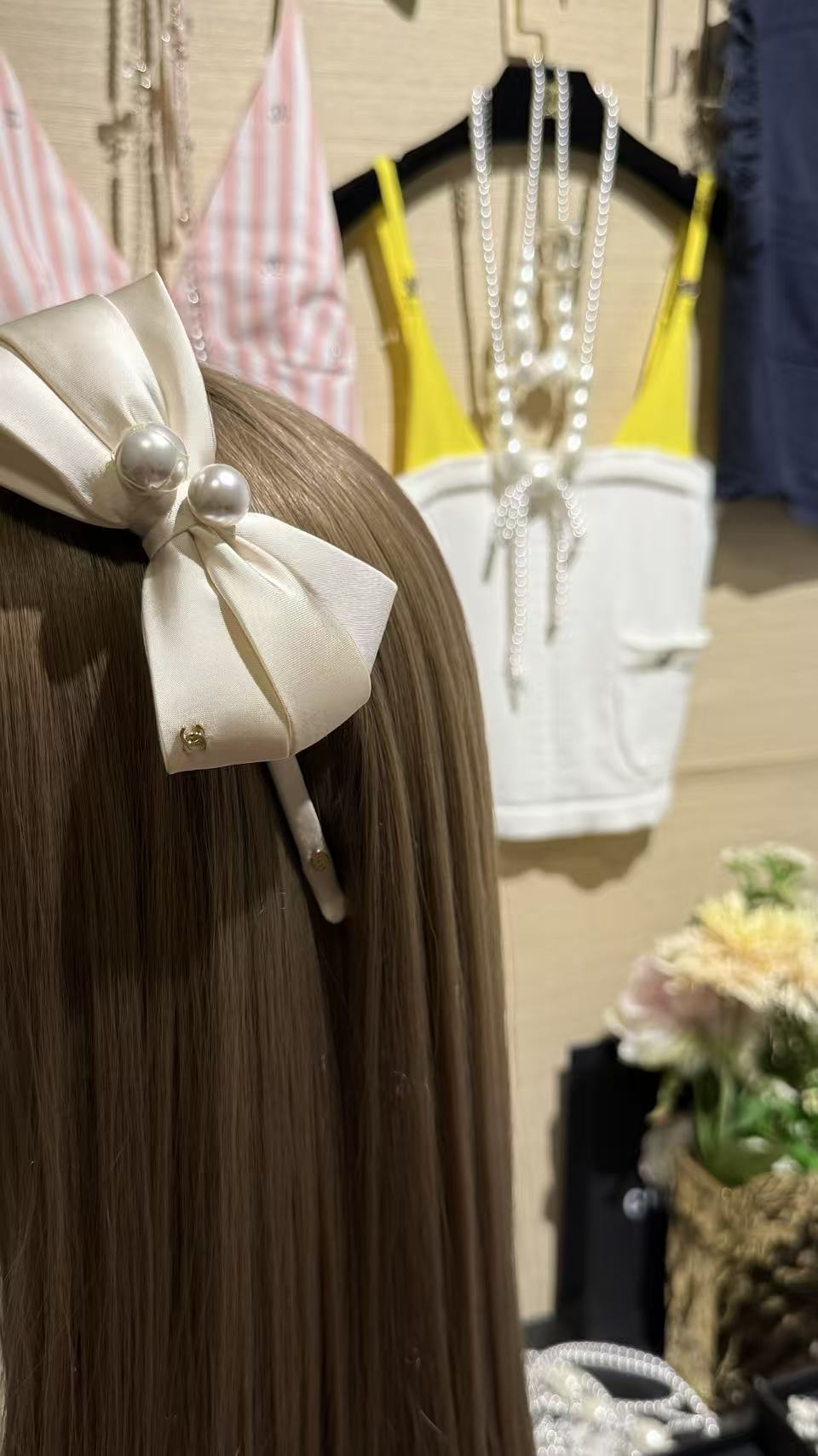 Chanel 珍珠緞面雙層蝴蝶結發箍 精品 1:1