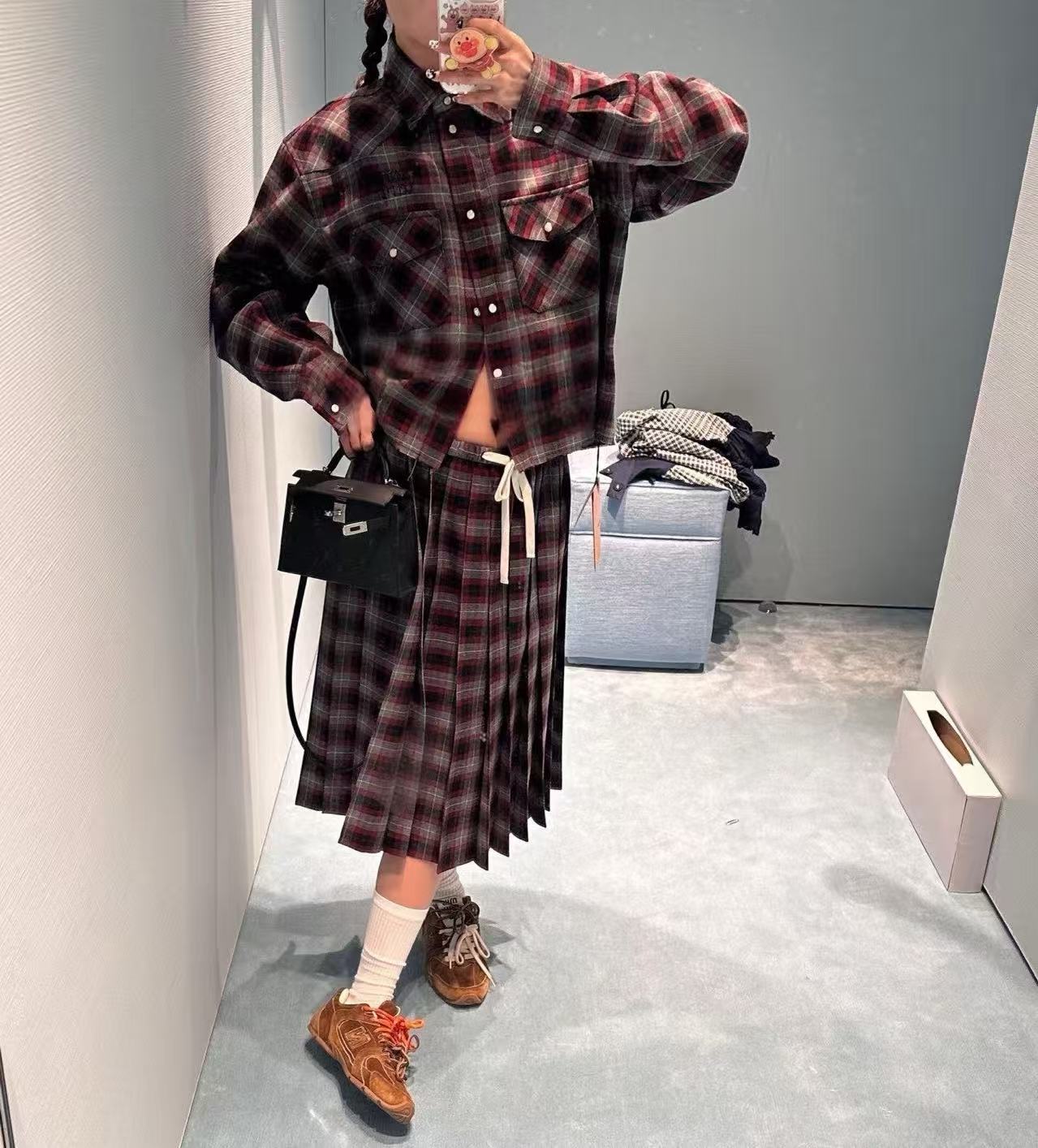 MIU MIU  格紋百褶抽繩半裙 奢侈品 精工