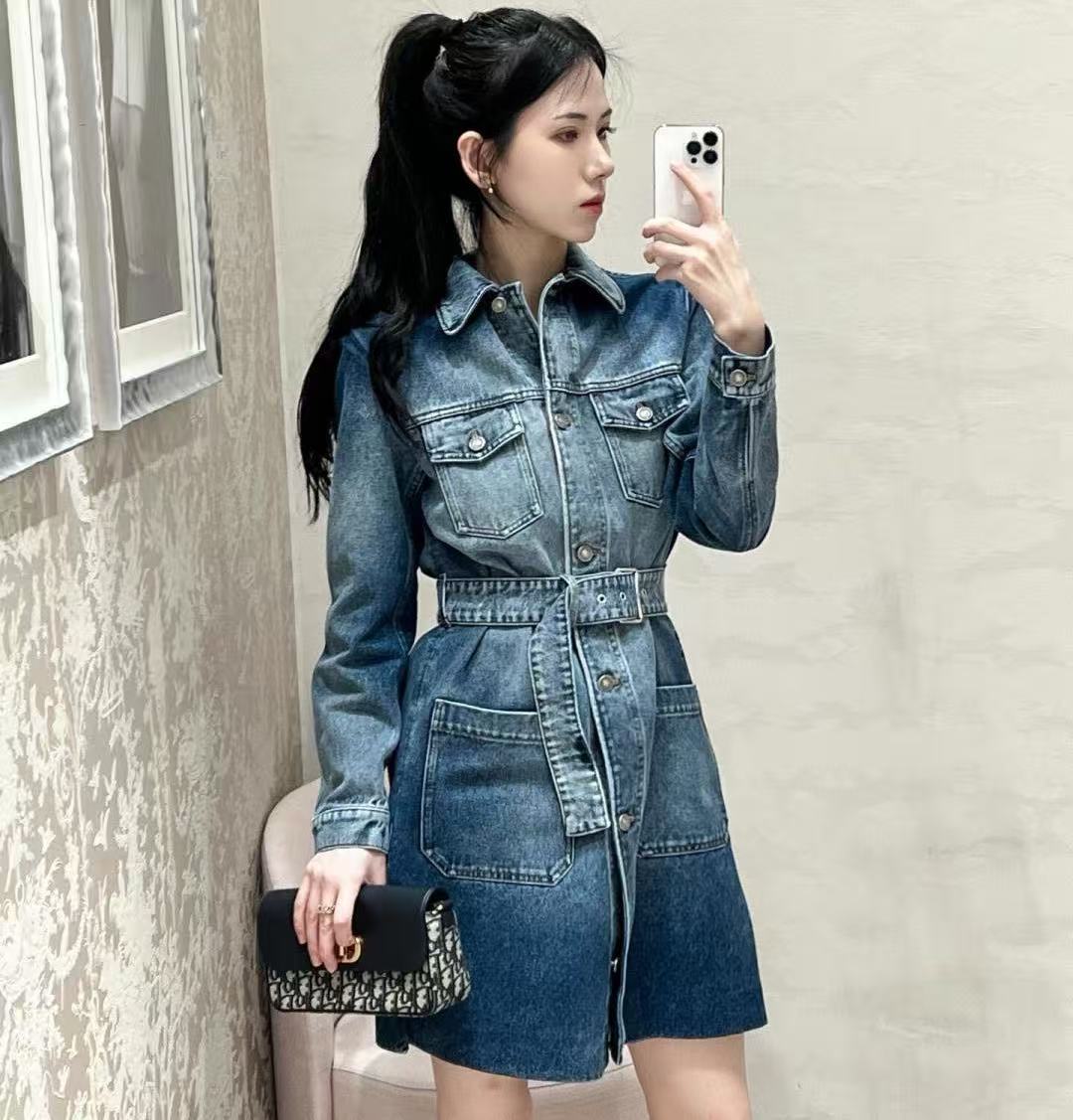 雙十一重磅福利款-Dior 內裡老花腰帶牛仔連身裙